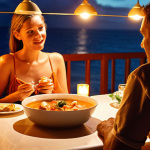**

`Romantic dinner at Le Roof restaurant in Noumea, New Caledonia.  Close-up on a couple enjoying seafood bouillabaisse, candles on the table, soft focus background showing the lights reflecting on the water.  Warm, inviting tones, emphasizing the romantic atmosphere. Possibly include a glimpse of a tropical cocktail.`

**